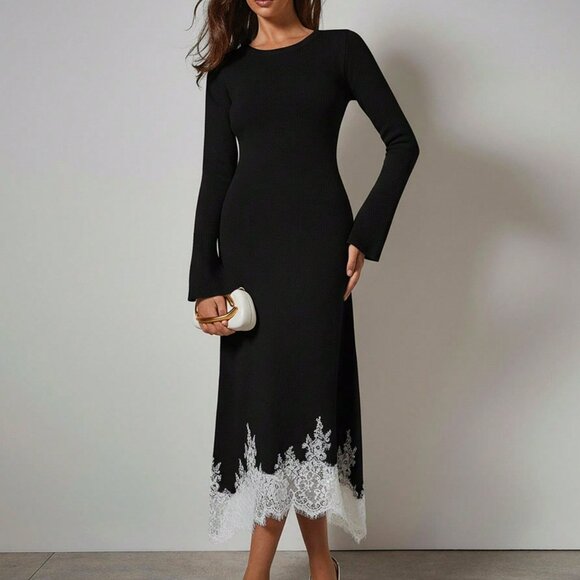 Black Elegant Women's long Flare sleeved Lace detailed Sweater dress - Picture 3 of 7